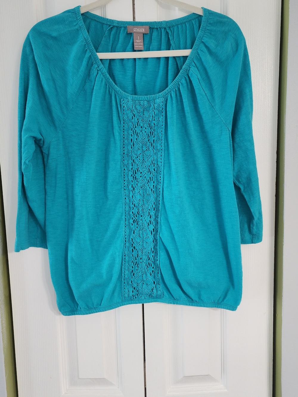 Teal Crochet-Front Scoop Neck Long Sleeve Top All Day Comfort
